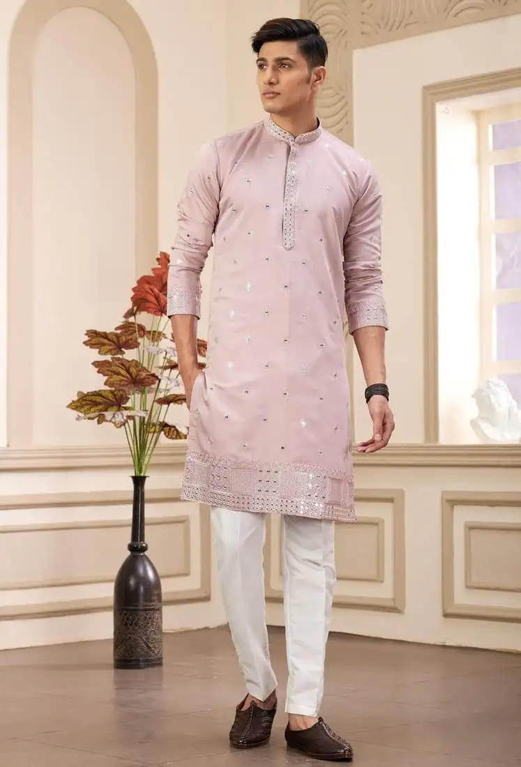 Men's onion straight kurta with computer thread work on art silk and with lining