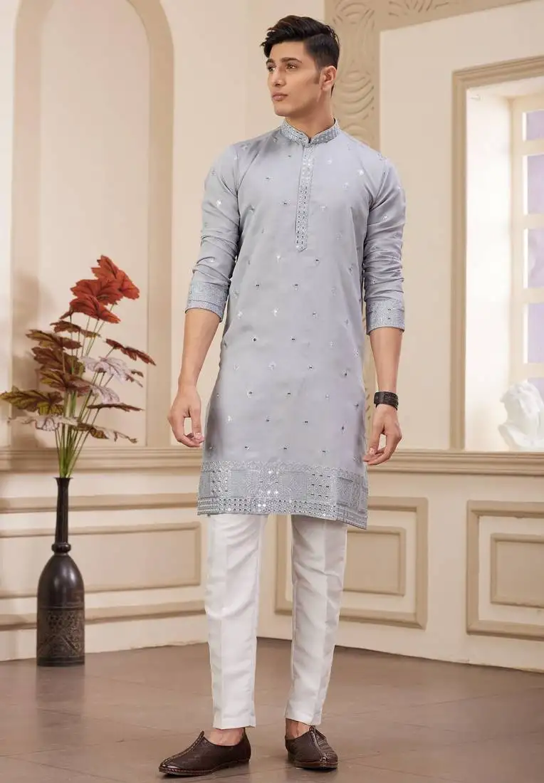 Men's light gray straight kurta with computer thread work on art silk and with lining