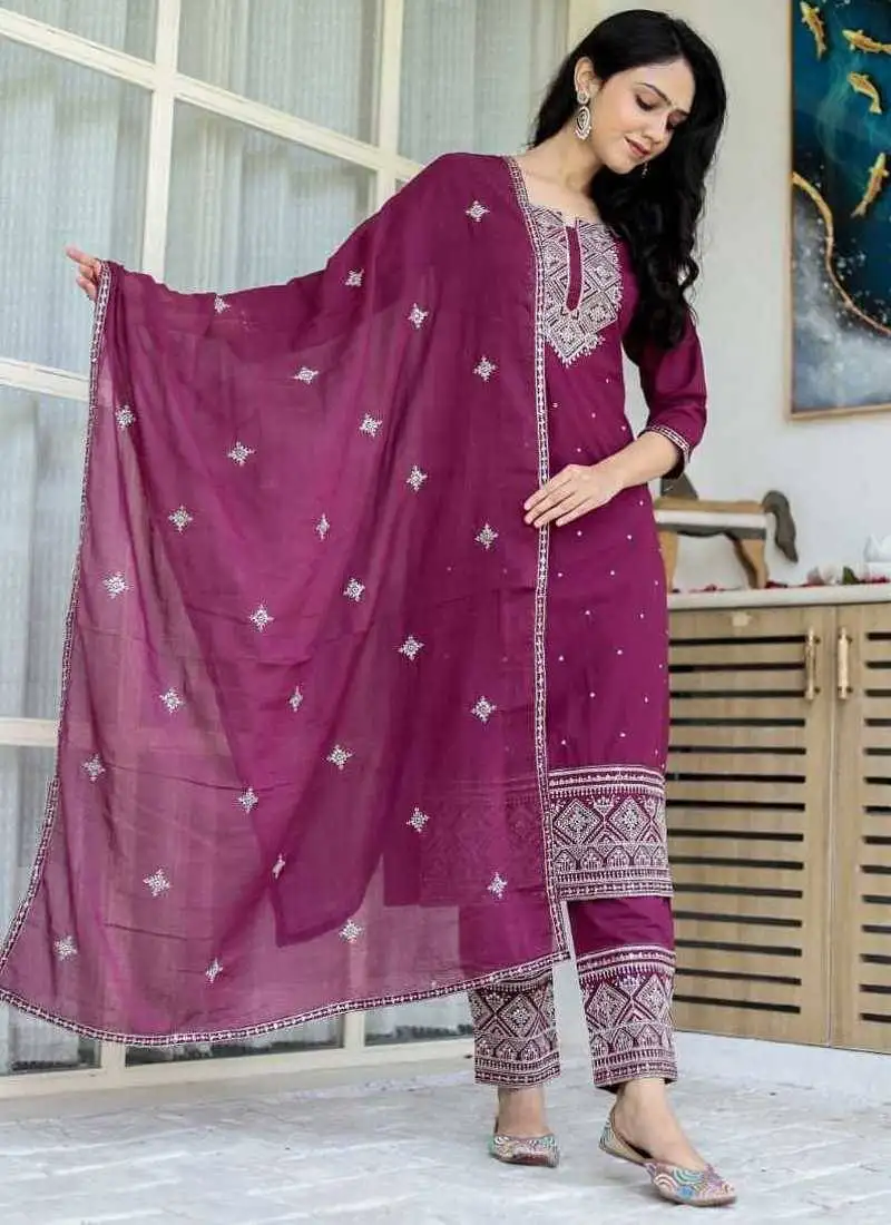 Cotton cambric straight kurti-pant-dupatta