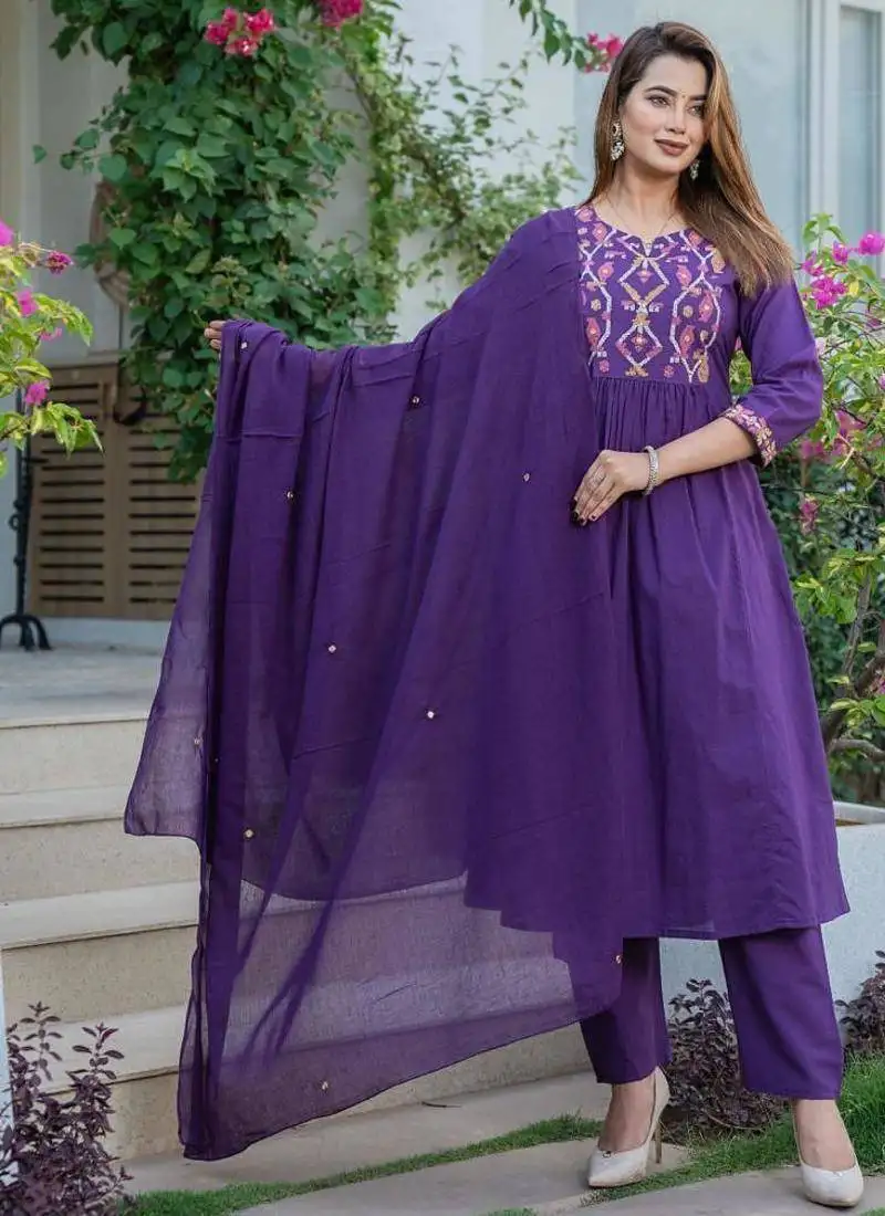 Cotton cambric a-line printed kurti pant dupatta set