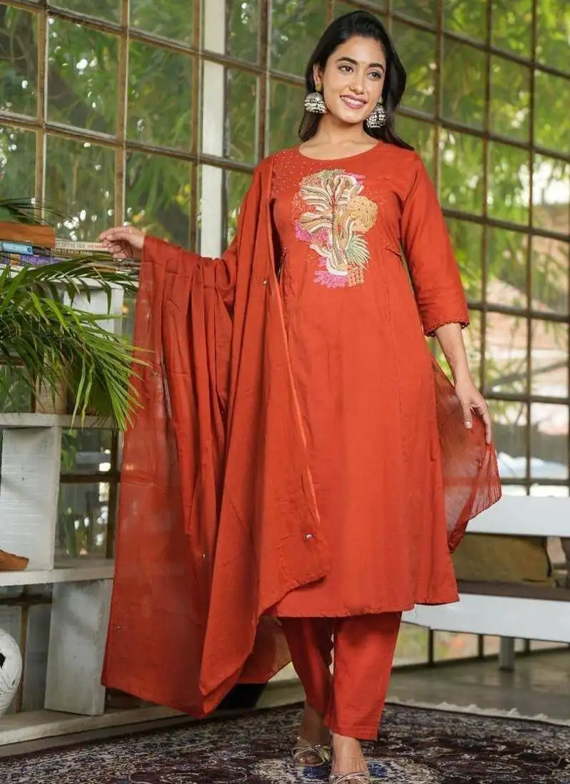 Cotton dyed a-line kurti pant dupatta set
