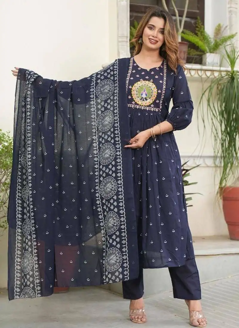 Cotton cambric printed anarkali kurti pant dupatta set