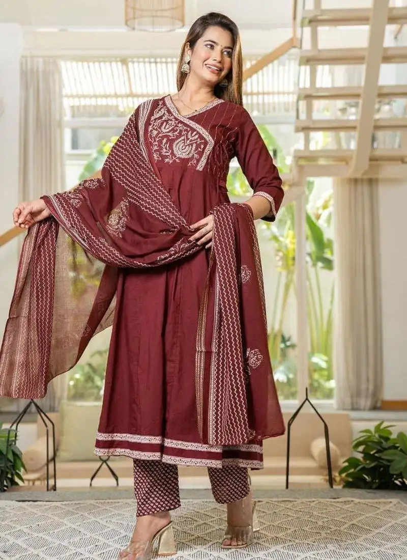 Cotton cambric anarkali printed kurti pant dupatta set