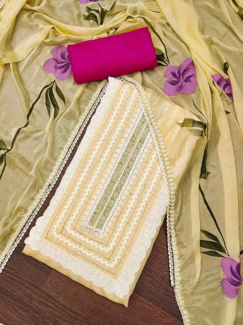 Yellow cotton silk print handwork unstitched dressaterial