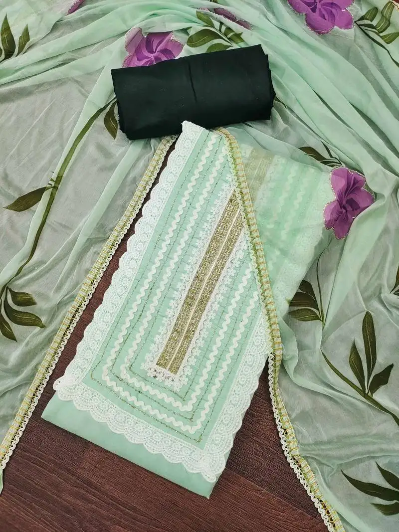 Sea green cotton silk print handwork unstitched dressaterial