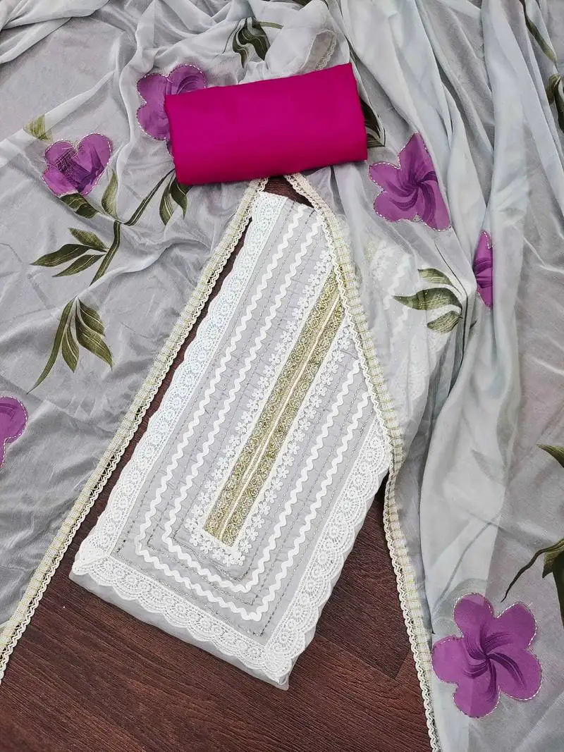 Grey cotton silk print handwork unstitched dressaterial