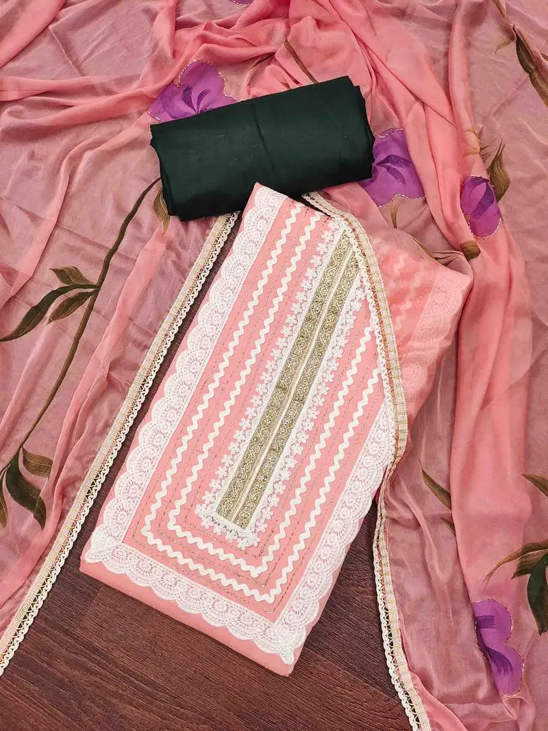 Peach cotton silk print handwork unstitched dressaterial