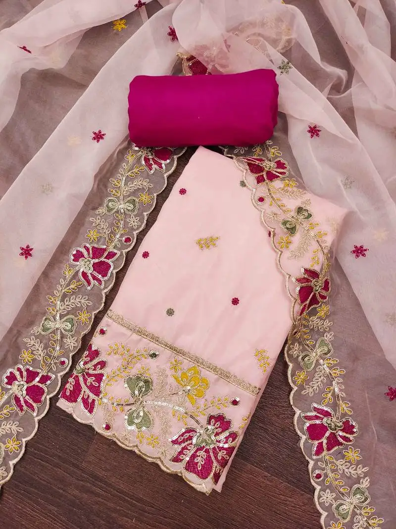 Peach viscose organza embroidered unstitched dressaterial