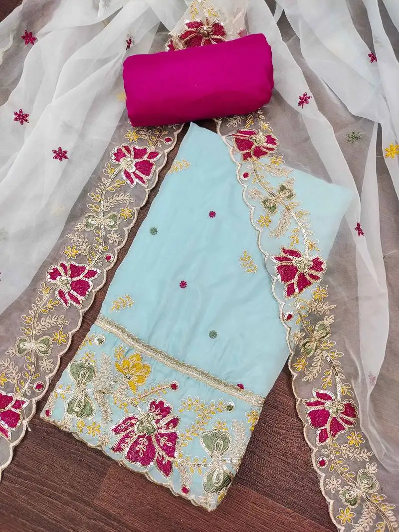 Sky blue viscose organza embroidered unstitched dressaterial