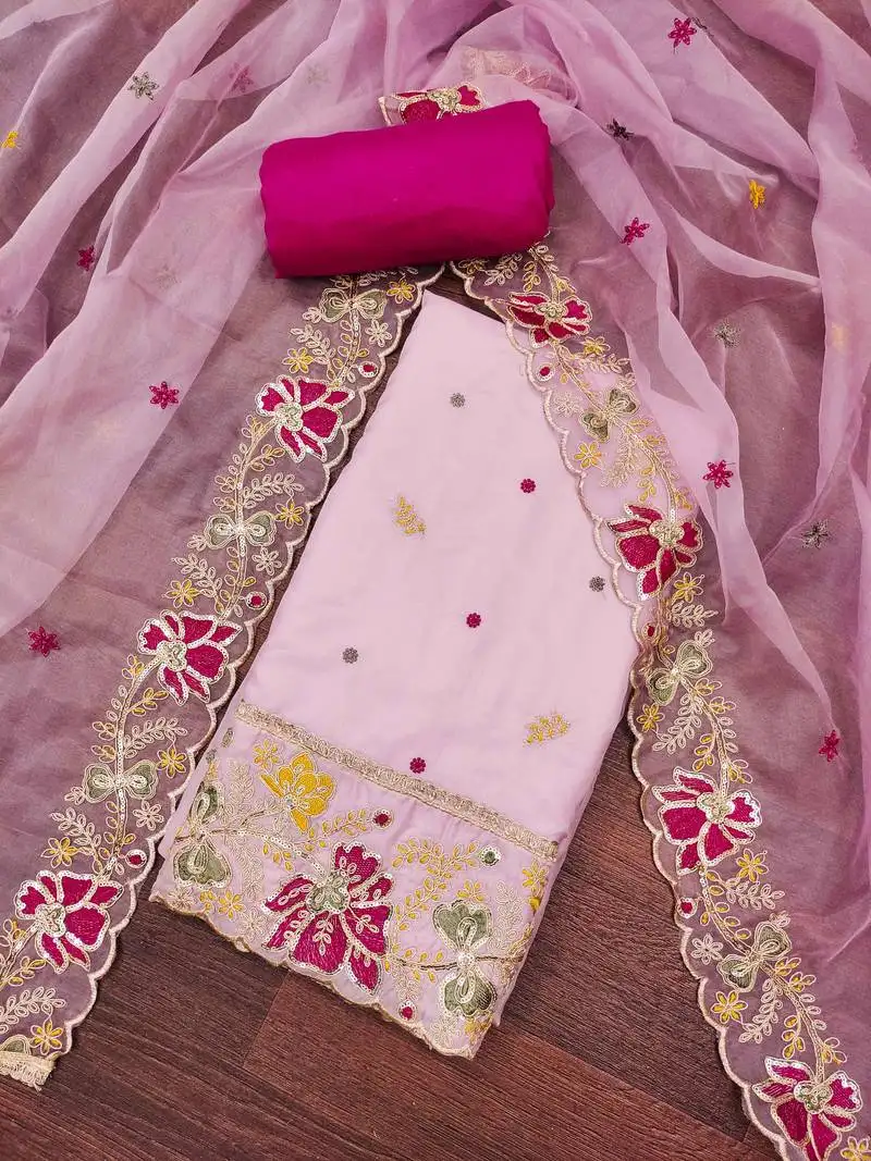 Pink viscose organza embroidered unstitched dressaterial