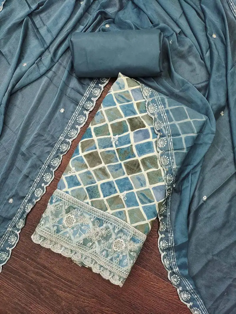 Teal cotton embroidered unstitched dressaterial