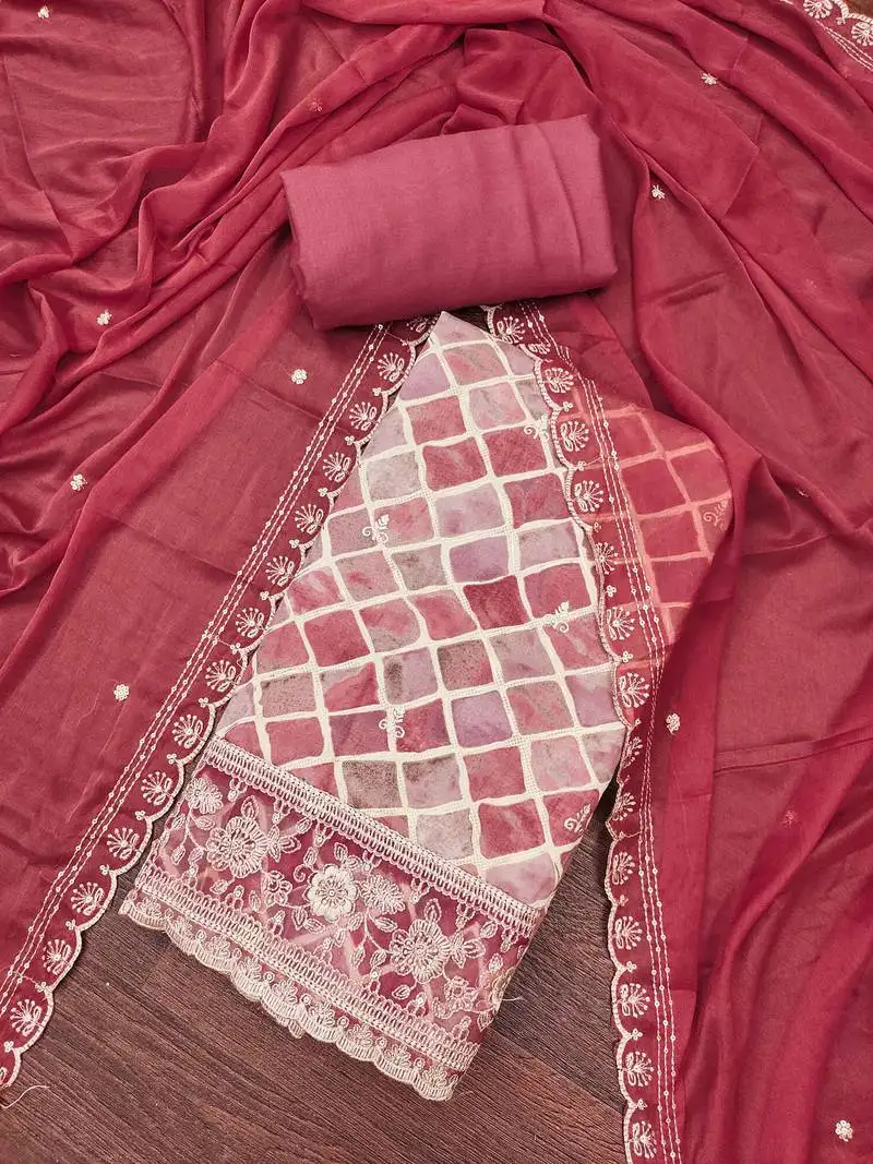 Pink cotton embroidered unstitched dressaterial