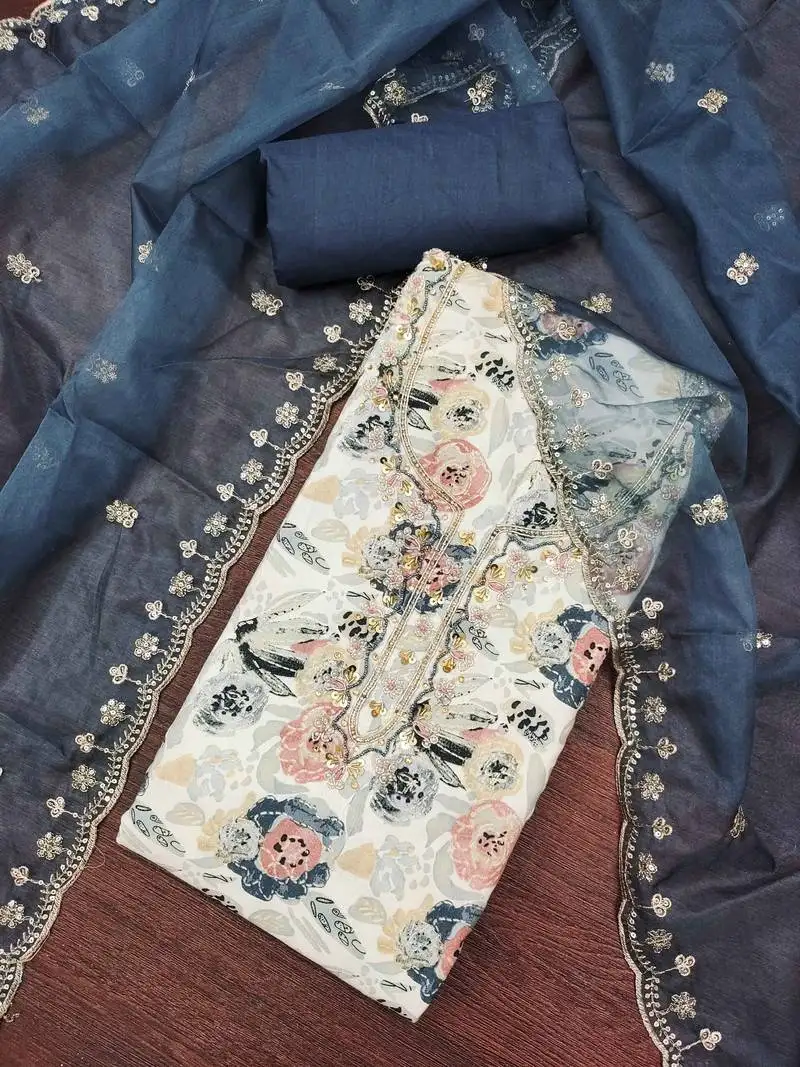 Off white cotton embroidered unstitched dressaterial