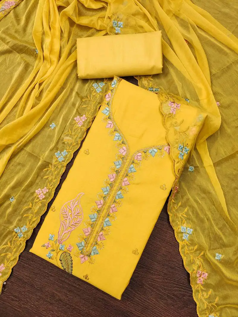 Yellow cotton silk embroidered unstitched dressaterial