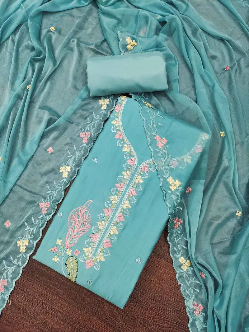 Turquoise cotton silk embroidered unstitched dressaterial