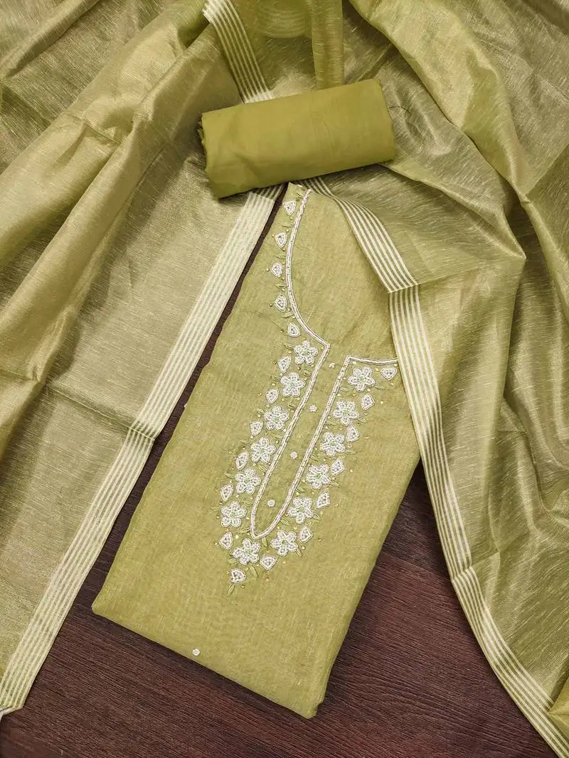 Parrot green shimmer cotton handwork unstitched dressaterial