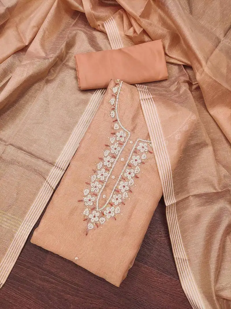 Peach shimmer cotton handwork unstitched dressaterial