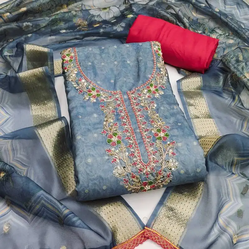 Blue cotton banarasi print handwork unstitched dress material