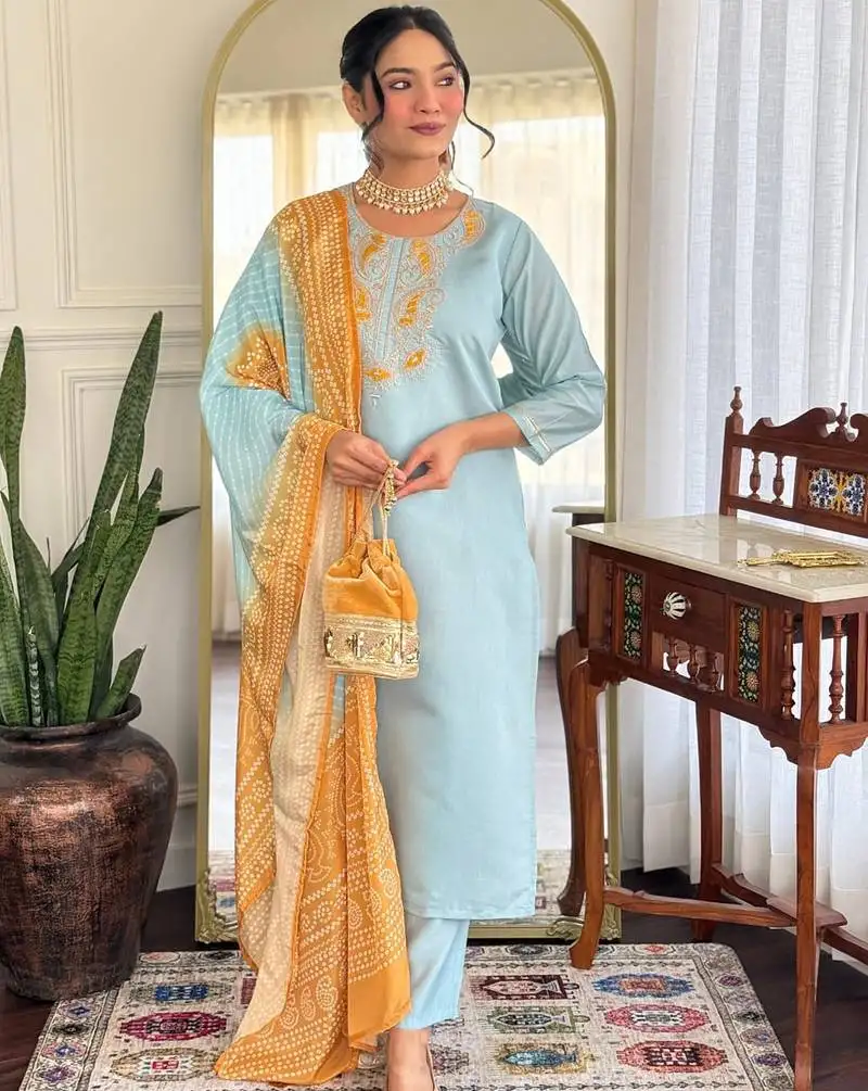 Sky blue chanderi silk heavy thread embroidery work with printed dupatta kurta pant set