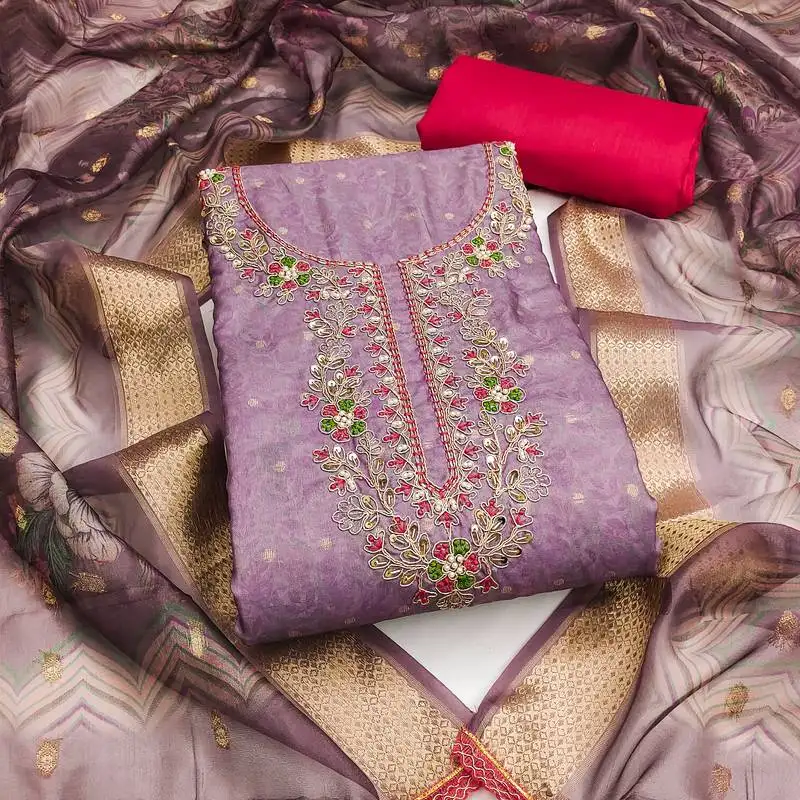 Lavender cotton banarasi print handwork unstitched dress material