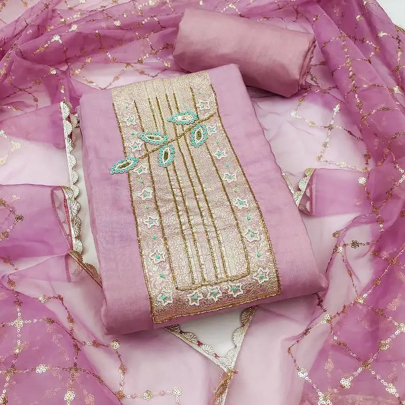 Lavender cotton banarasi handwork unstitched dress material