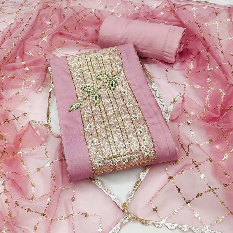 Pink cotton banarasi handwork unstitched dress material