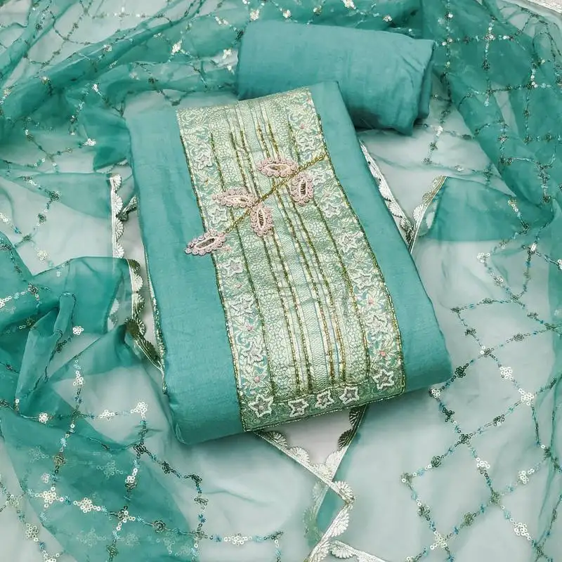 Turquoise cotton banarasi handwork unstitched dress material