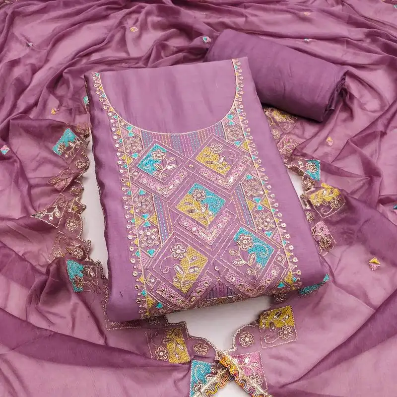 Lavender cotton silk embroidered unstitched dress material