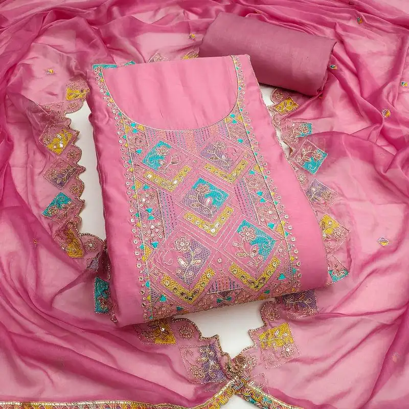 Pink cotton silk embroidered unstitched dress material