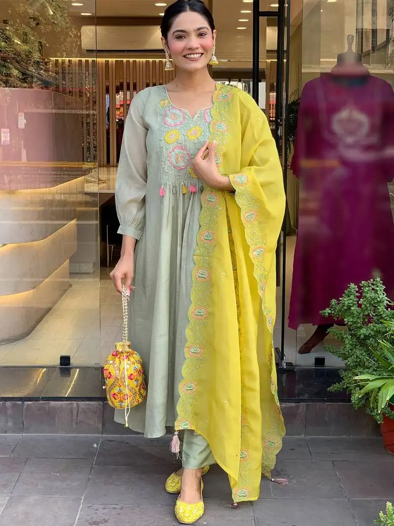 Sage green parampara silk heavy thread embroidery work kurta pant set