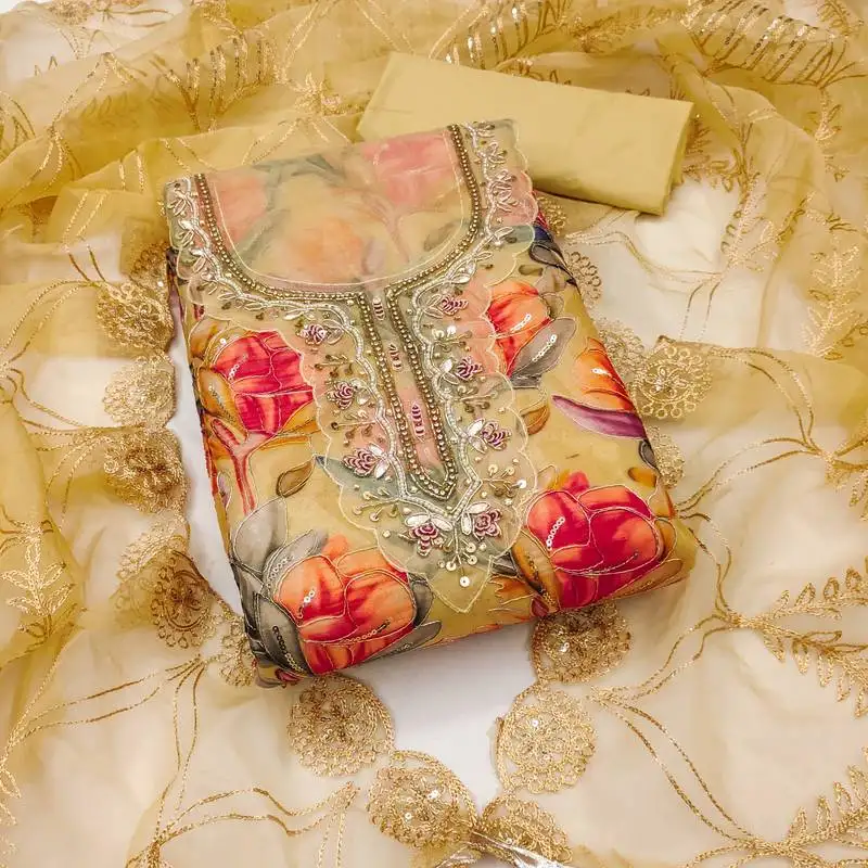 Yellow organza print handwork unstitched dress material