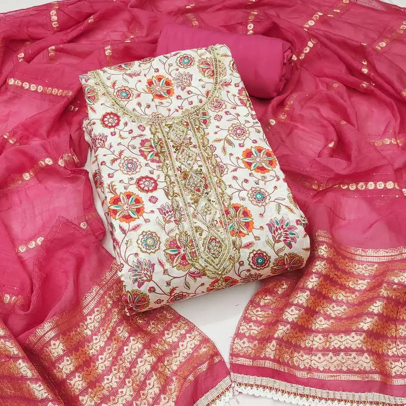 Pink roman cotton silk print handwork unstitched dress material