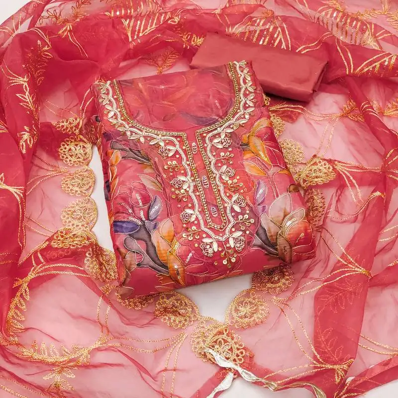 Pink organza print handwork unstitched dress material