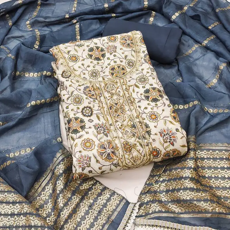 Navy blue roman cotton silk print handwork unstitched dress material