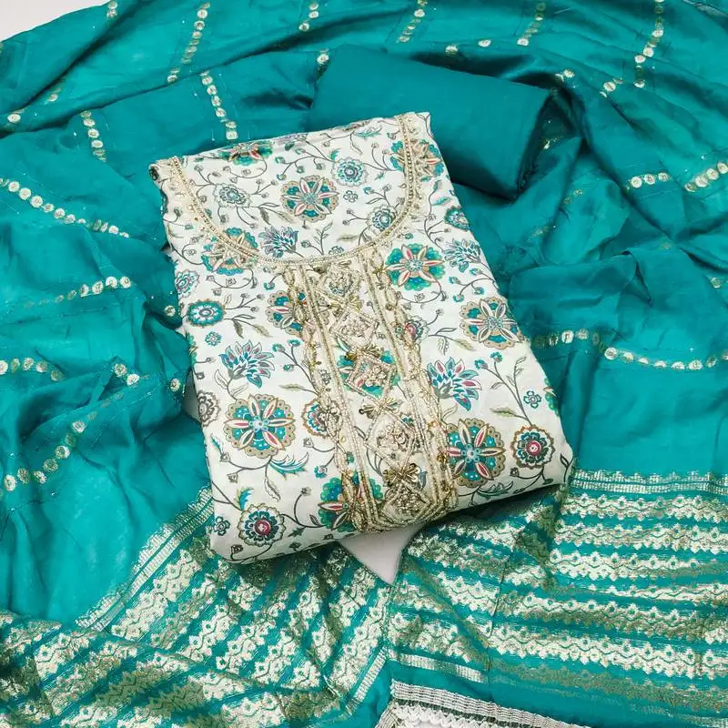 Turquoise roman cotton silk print handwork unstitched dress material
