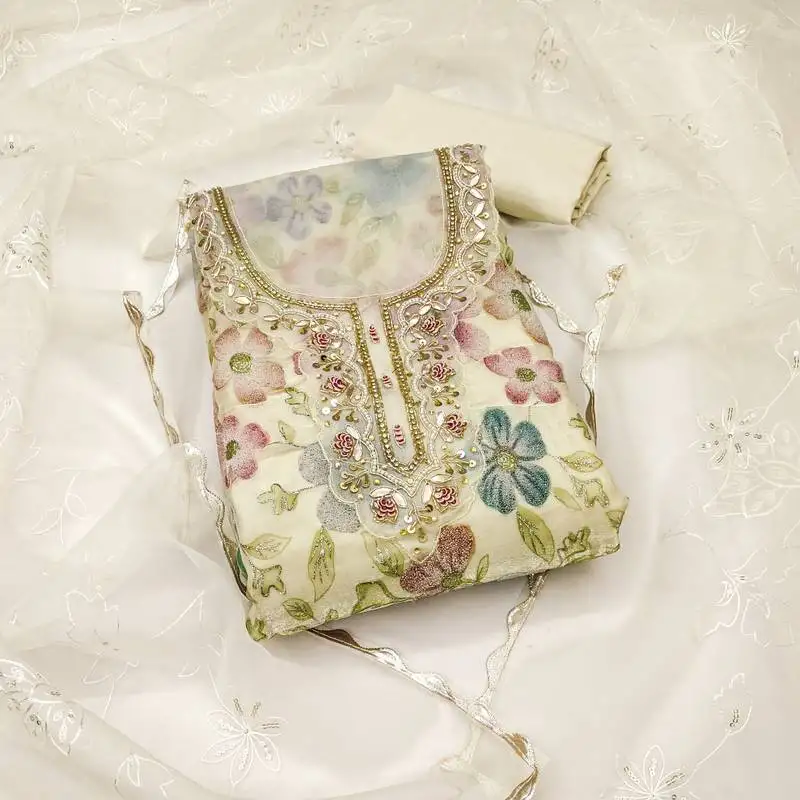 White viscose organza handwork unstitched dress material