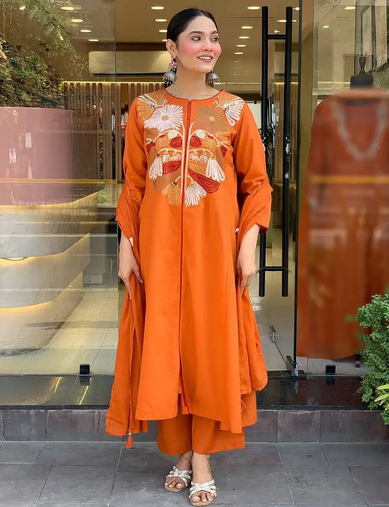 Orange chanderi silk heavy thread embroidery work kurta pant set
