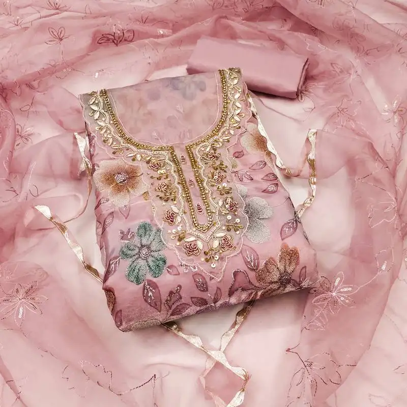 Pink viscose organza handwork unstitched dress material