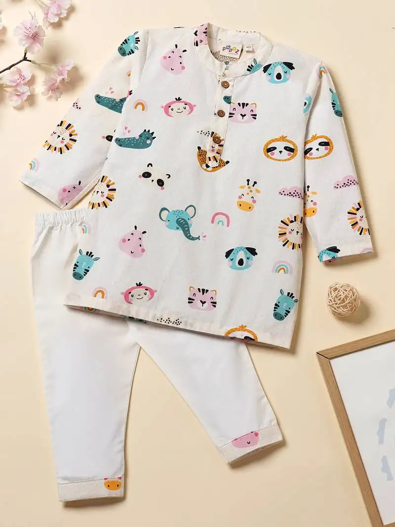 Boys white animal safari printed cotton kurta pyjama set