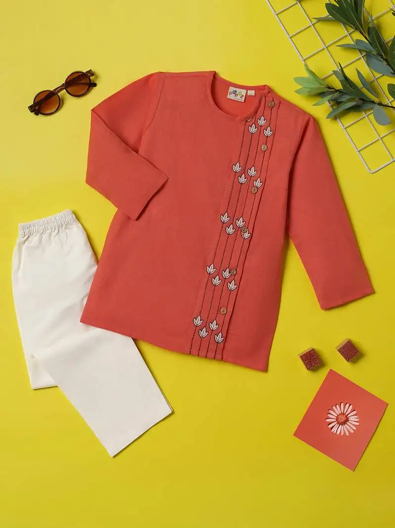 Boys peach floral embroidered side cut cotton kurta pyjama set