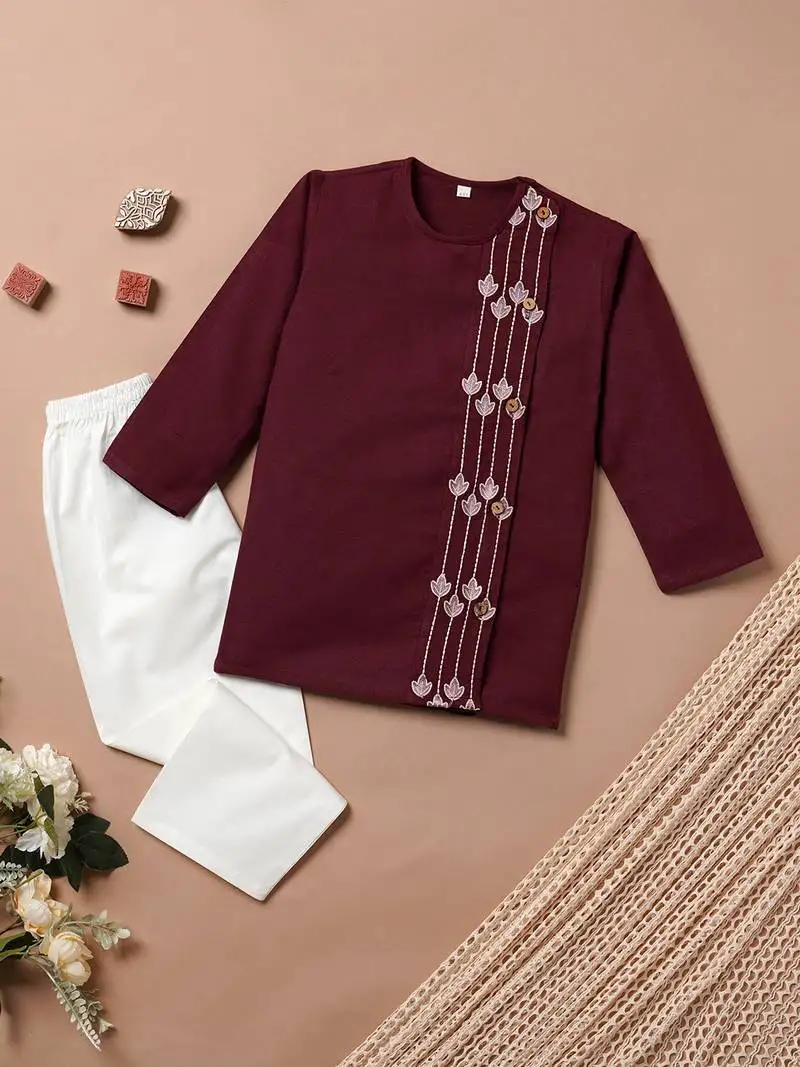 Boys maroon floral embroidered side cut cotton kurta pyjama set