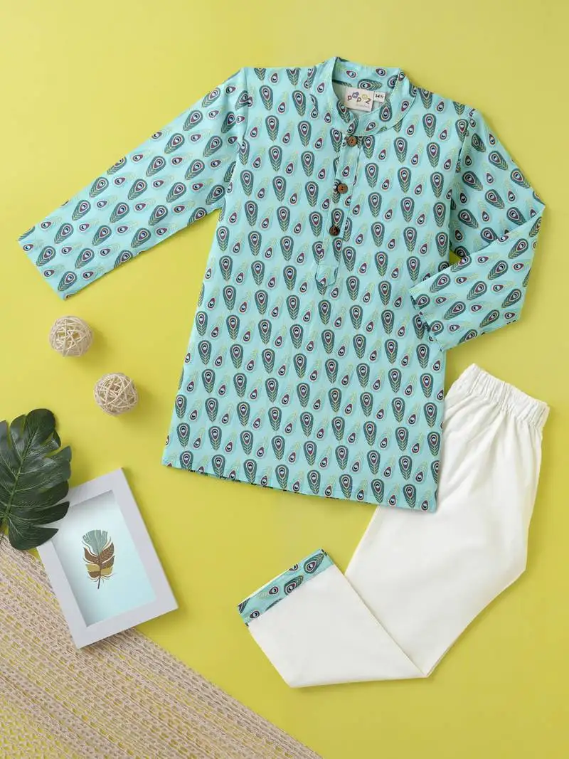 Boys blue peacock feather printed cotton kurta pyjama set