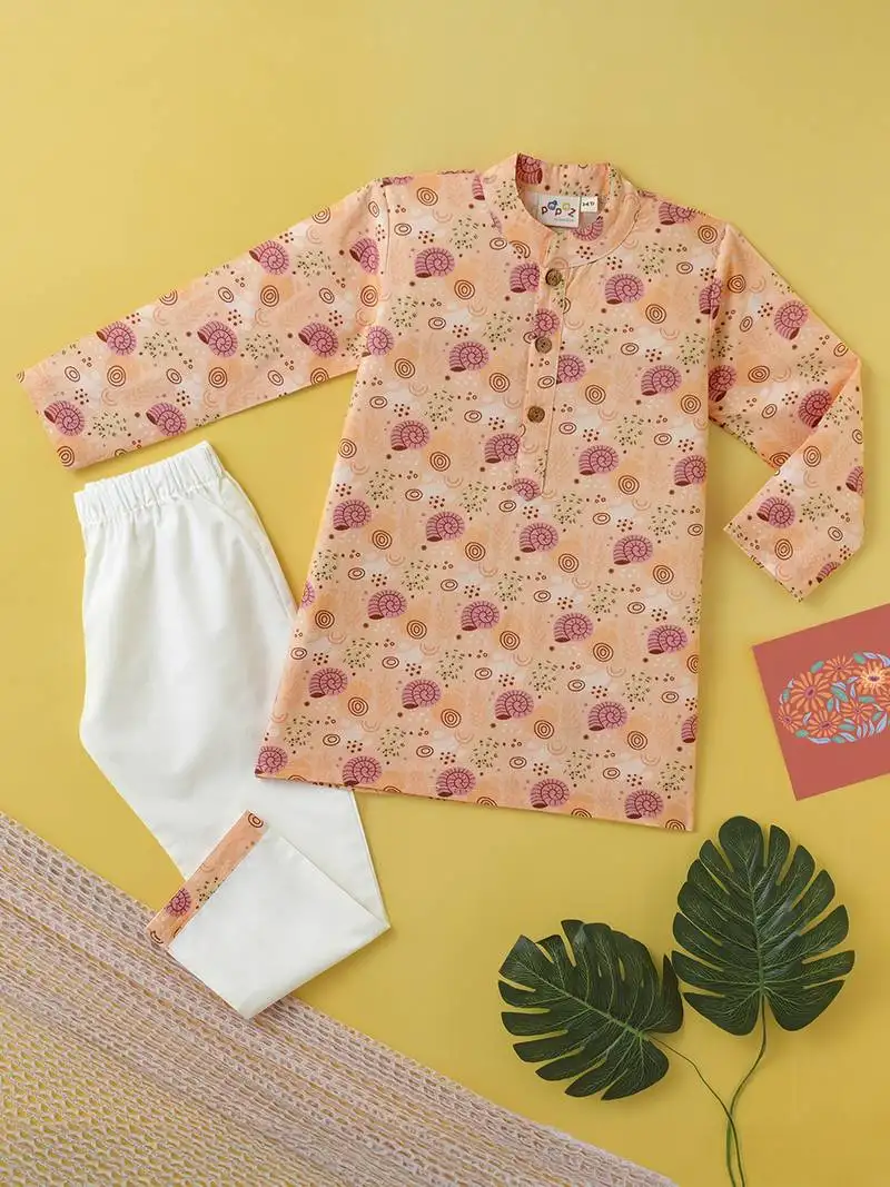 Boys peach snail garden printed cotton kurta pyjama set