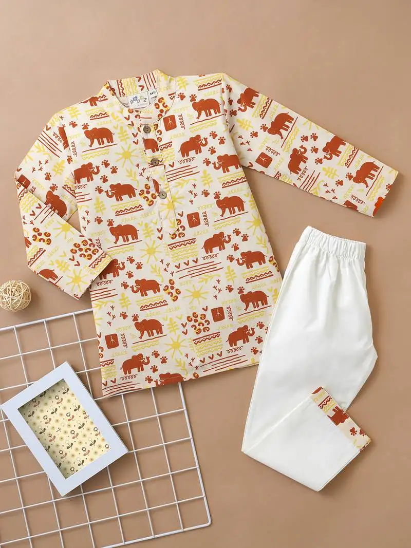 Boys red elephant motif printed cotton kurta pyjama set