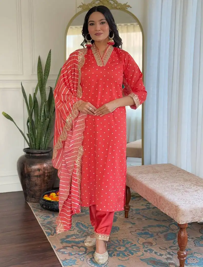 Red muslin silk print with thread embroidery work kurta pant set