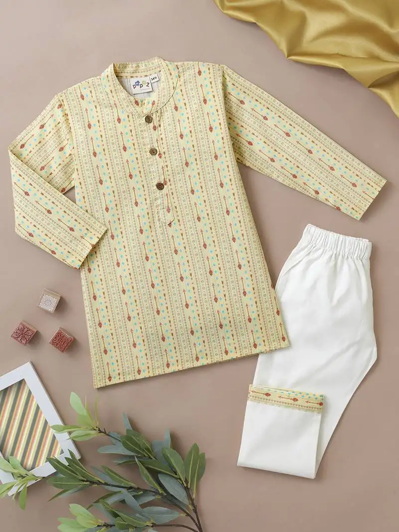Boys cream tribal string printed cotton kurta pyjama set