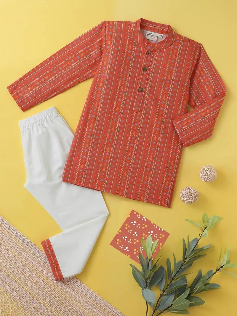 Boys orange tribal string printed cotton kurta pyjama set