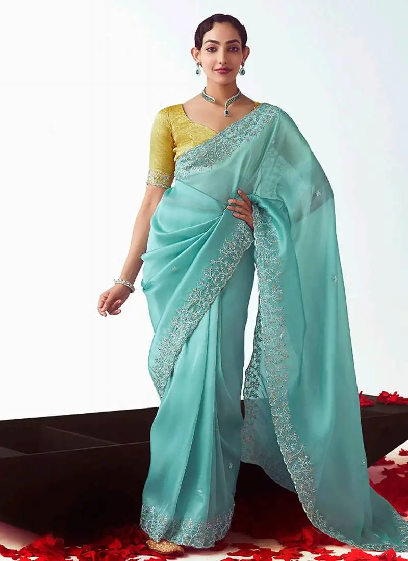 Aqua blue embroidered cut work fancy fabric ceremonial designer saree