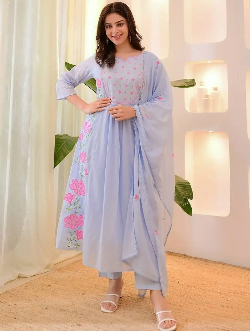 Light blue parampara silk heavy thread embroidery work kurta pant set