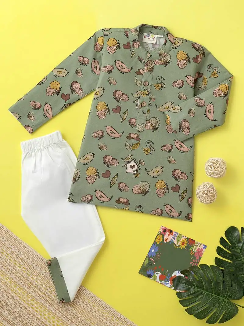Boys olive butterfly printed cotton kurta pyjama set